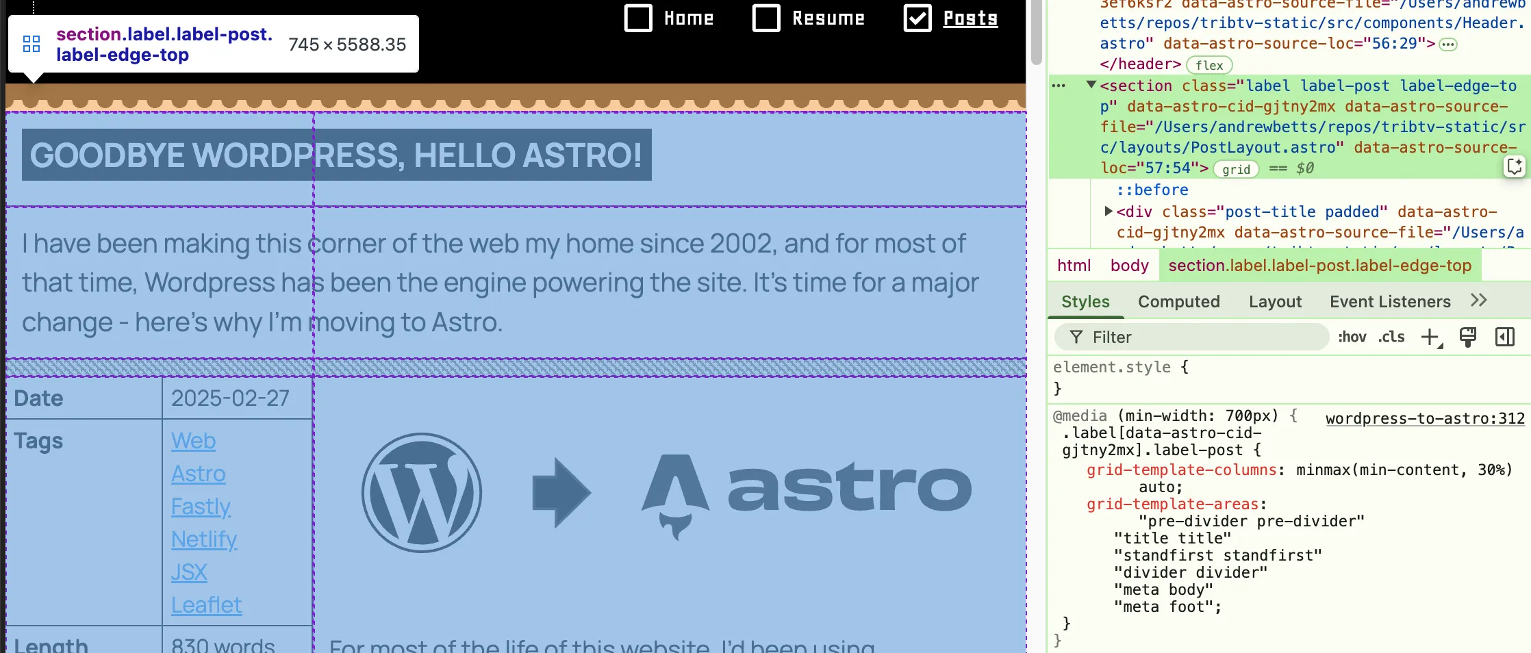 Caption: Web inspector showing CSS selectors that use data attributes to scope the selector